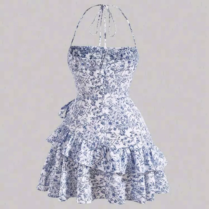 ROBE COURTE À VOLANTS et Imprimé Floral Bleu